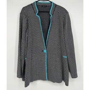 Misook black and white knit cardigan turquoise trim